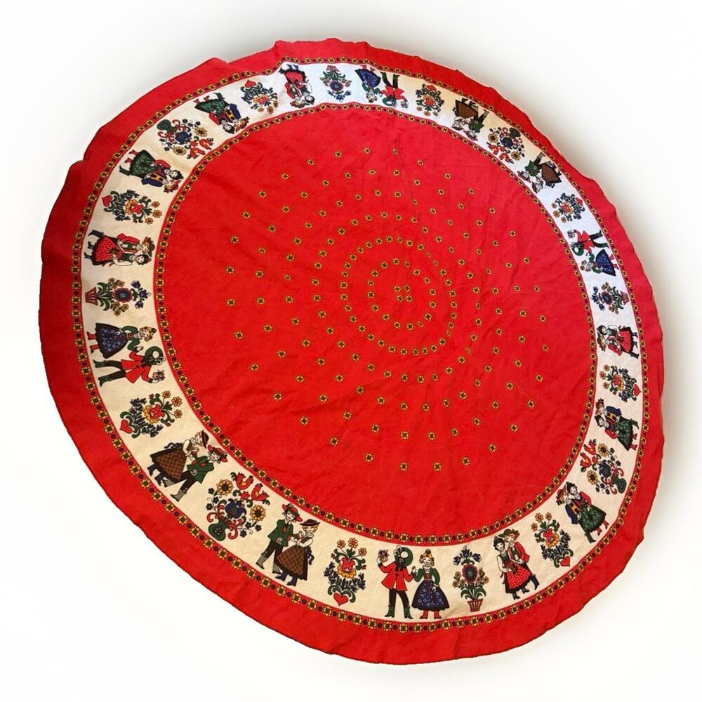 Vintage Austrian Folk Art Round Tablecloth 62” Red Floral DELLA TORRE 3757/20 - Picture 5 of 16